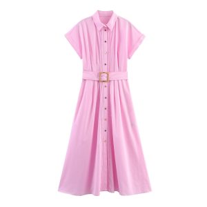 Women's Fashion Dress with Belt, Poplin Midi Dress